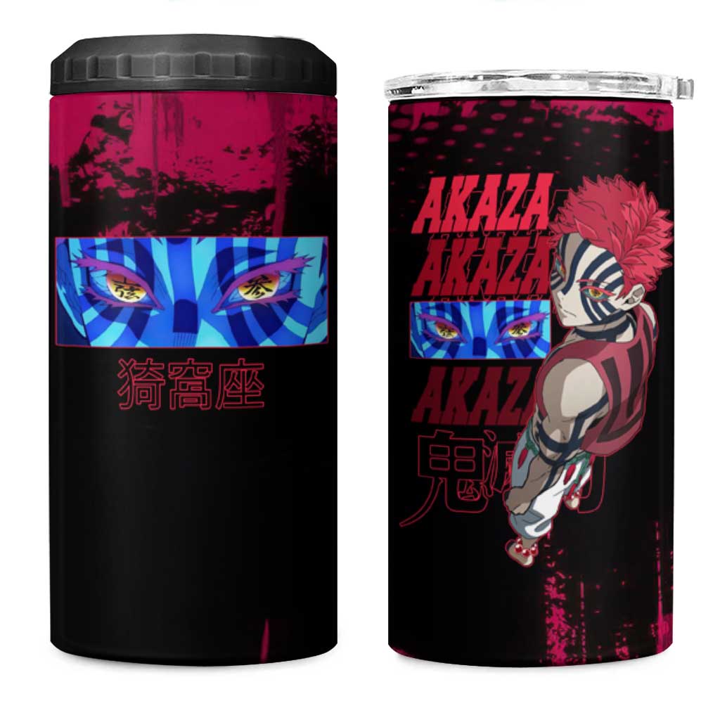Akaza Demon Slayer Intense Eyes Design 4 in 1 Can Cooler Tumbler with Red and Black Grunge Aesthetic and Dynamic Pose - The Mazicc