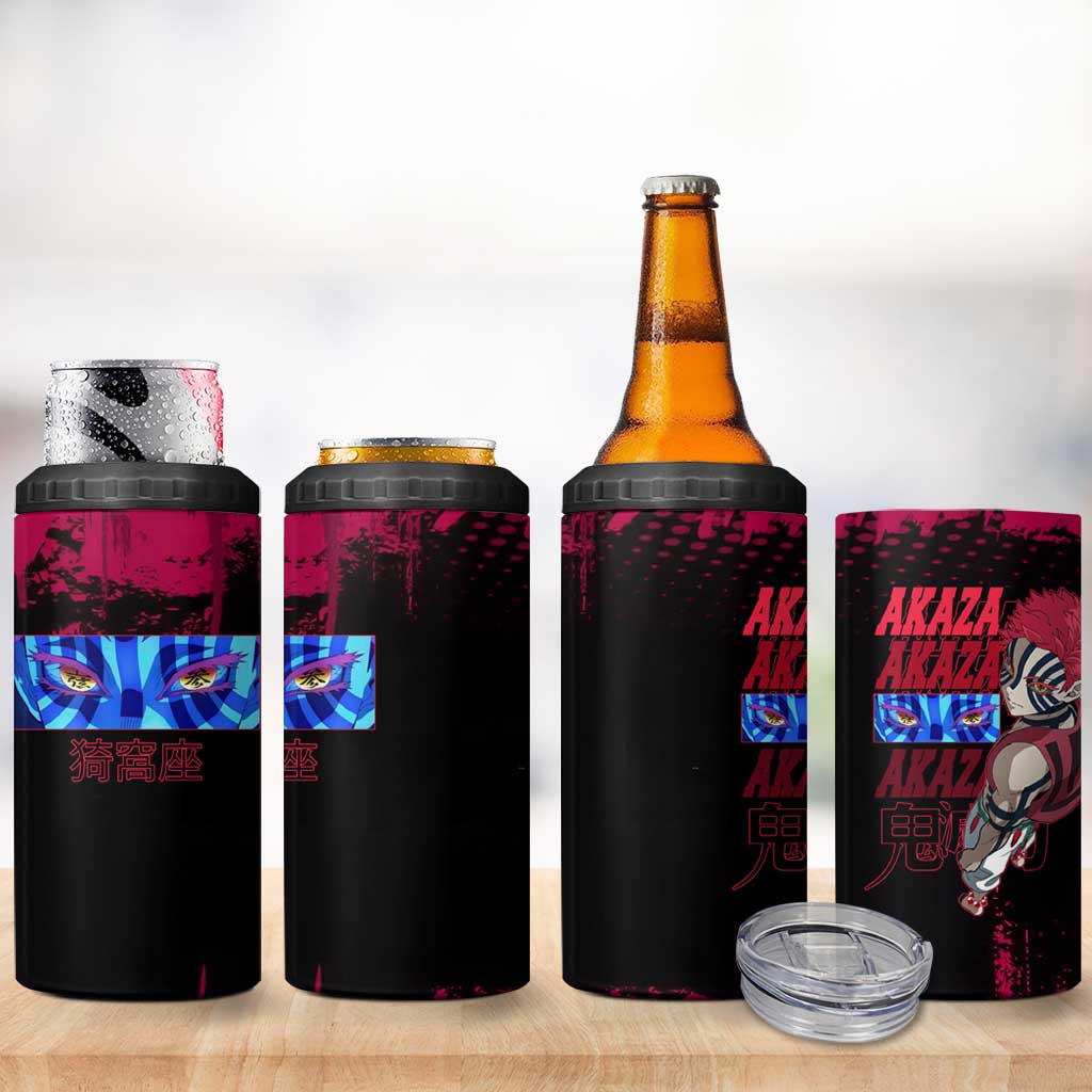 Akaza Demon Slayer Intense Eyes Design 4 in 1 Can Cooler Tumbler with Red and Black Grunge Aesthetic and Dynamic Pose - The Mazicc
