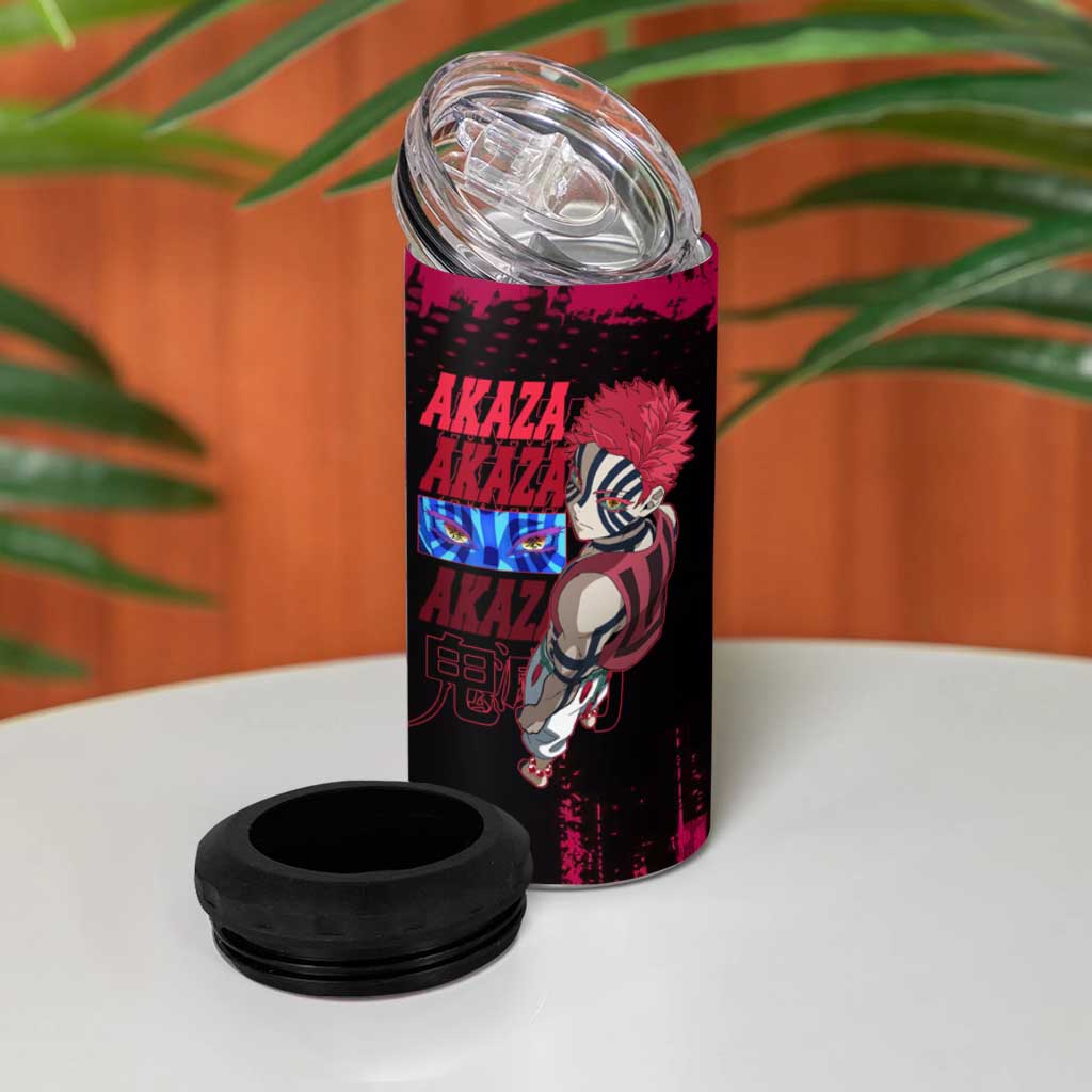 Akaza Demon Slayer Intense Eyes Design 4 in 1 Can Cooler Tumbler with Red and Black Grunge Aesthetic and Dynamic Pose - The Mazicc