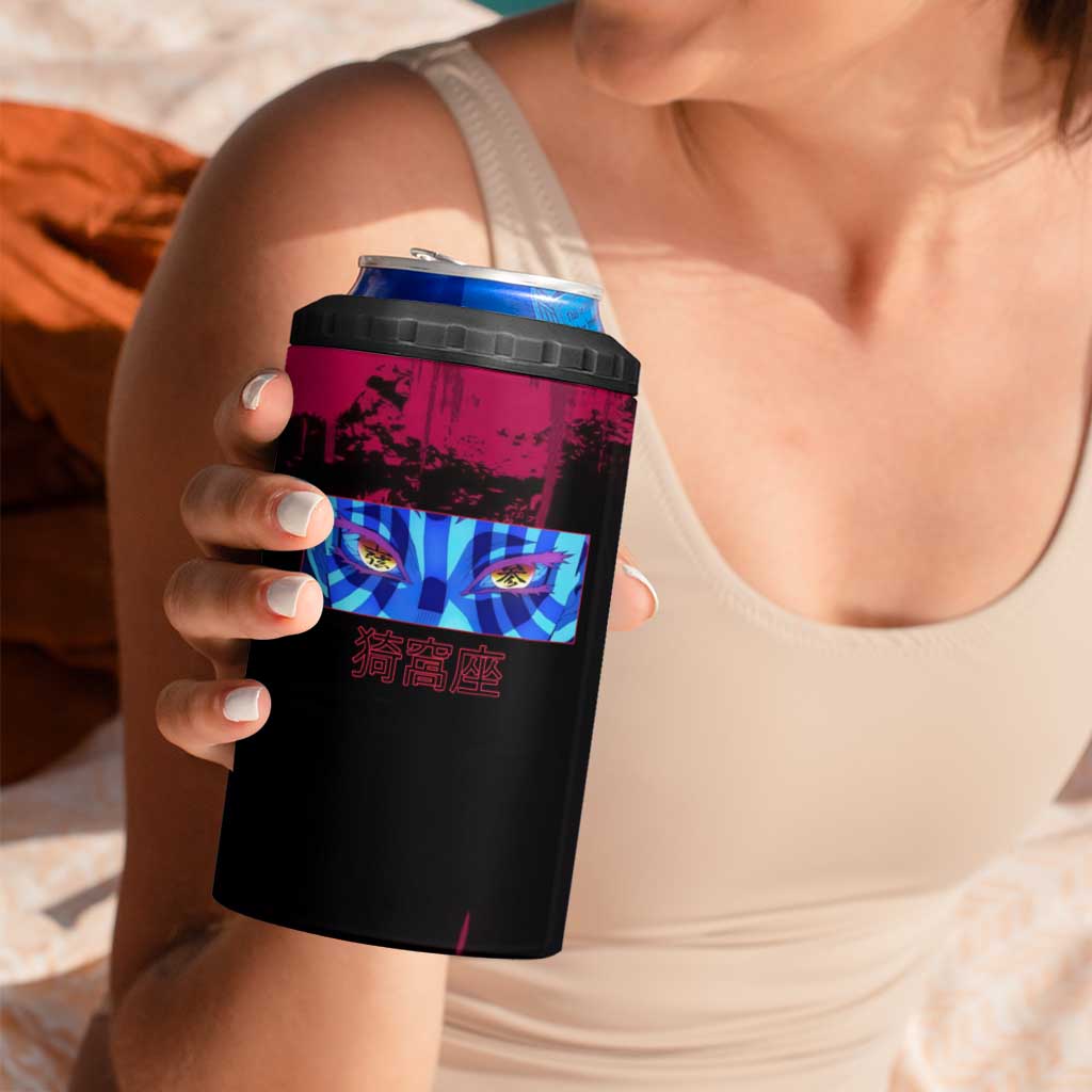 Akaza Demon Slayer Intense Eyes Design 4 in 1 Can Cooler Tumbler with Red and Black Grunge Aesthetic and Dynamic Pose - The Mazicc