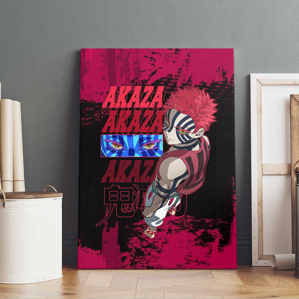 Akaza Demon Slayer Intense Eyes Design Canvas Wall Art with Red and Black Grunge Aesthetic and Dynamic Pose - The Mazicc