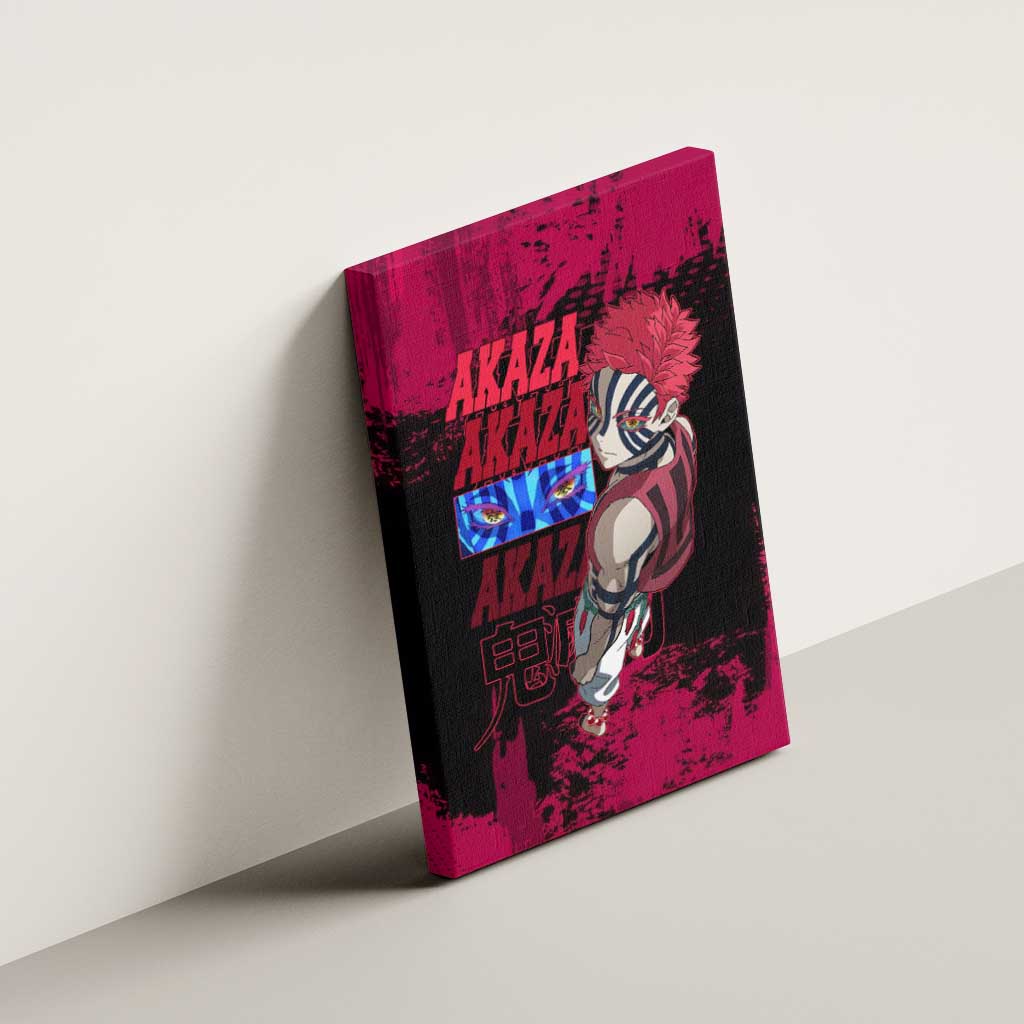 Akaza Demon Slayer Intense Eyes Design Canvas Wall Art with Red and Black Grunge Aesthetic and Dynamic Pose - The Mazicc