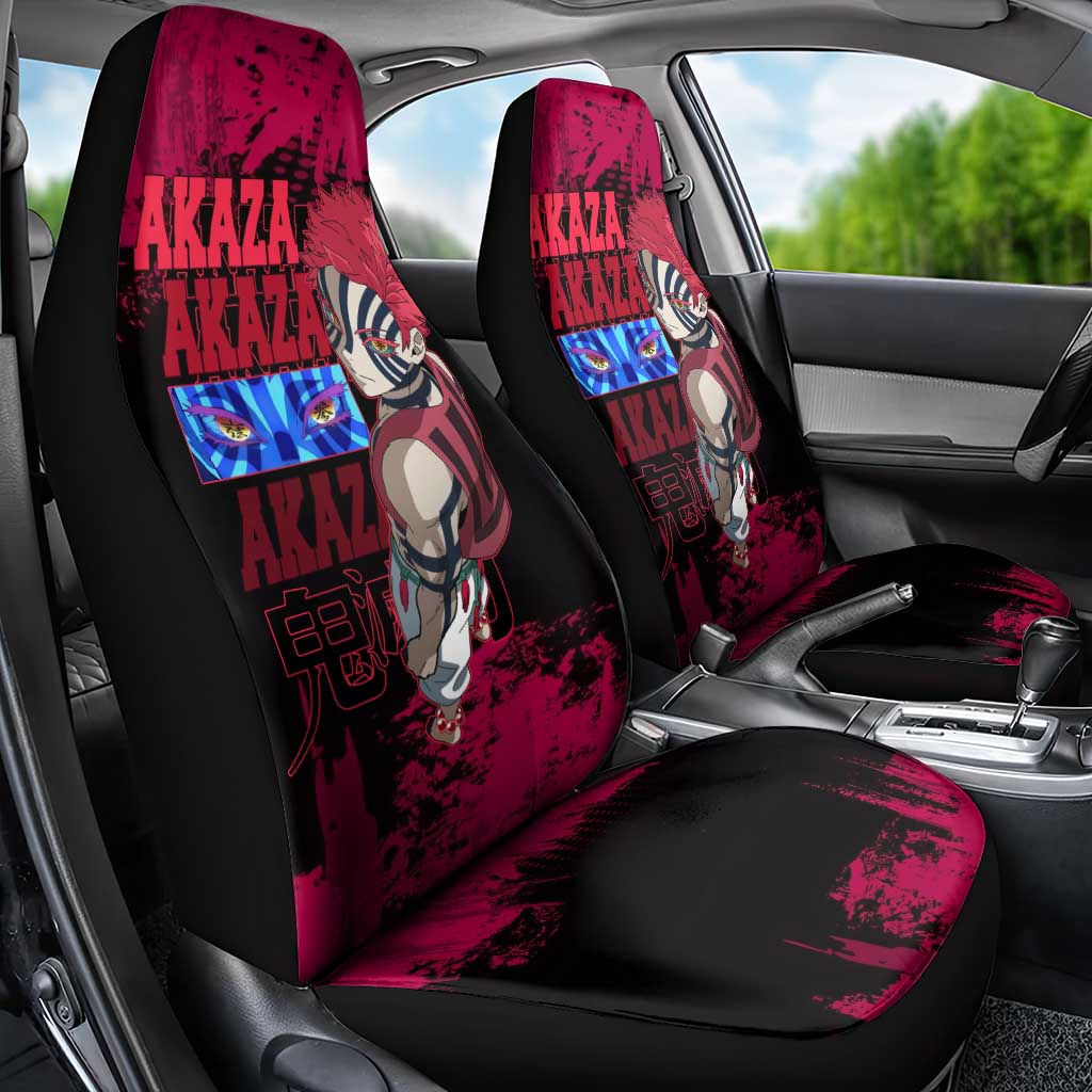 Akaza Demon Slayer Intense Eyes Design Car Seat Cover with Red and Black Grunge Aesthetic and Dynamic Pose - The Mazicc