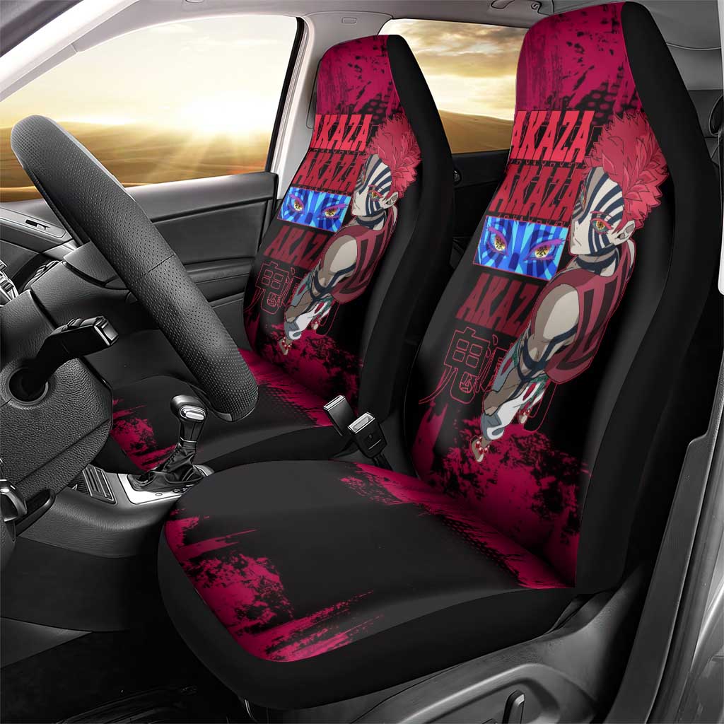 Akaza Demon Slayer Intense Eyes Design Car Seat Cover with Red and Black Grunge Aesthetic and Dynamic Pose - The Mazicc