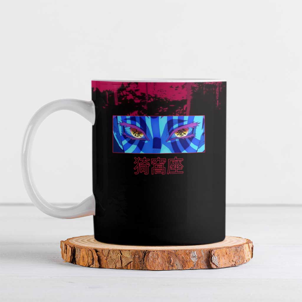 Akaza Demon Slayer Intense Eyes Design Ceramic Mug with Red and Black Grunge Aesthetic and Dynamic Pose - The Mazicc