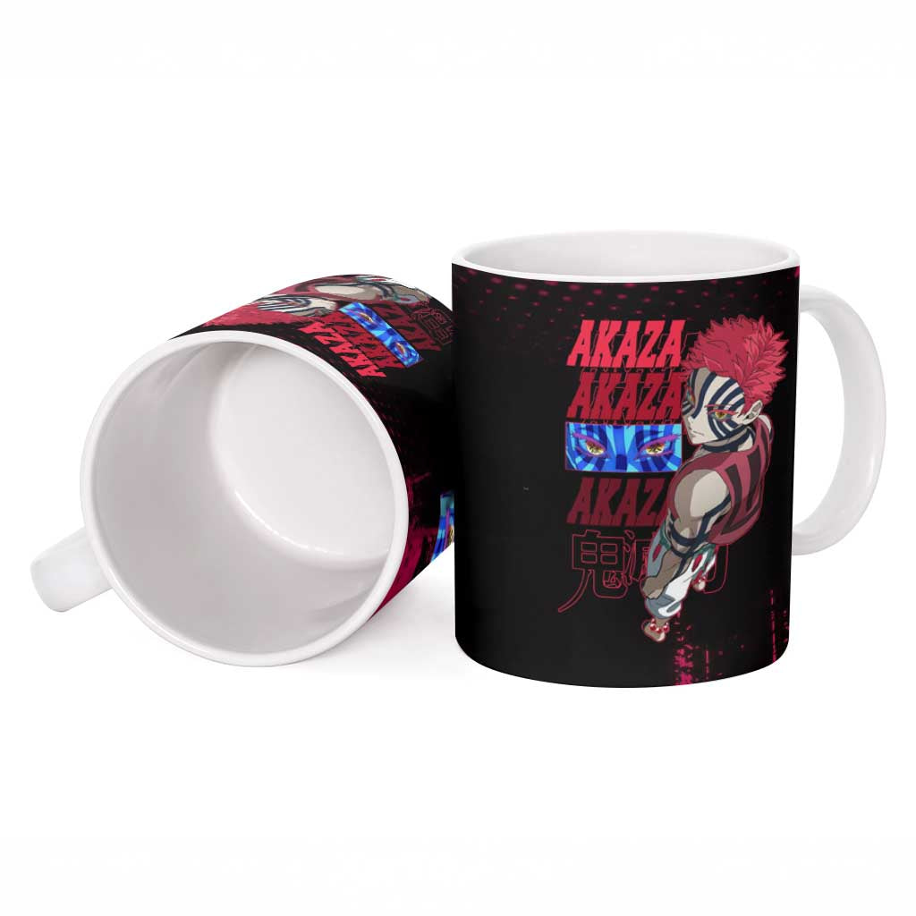Akaza Demon Slayer Intense Eyes Design Ceramic Mug with Red and Black Grunge Aesthetic and Dynamic Pose - The Mazicc