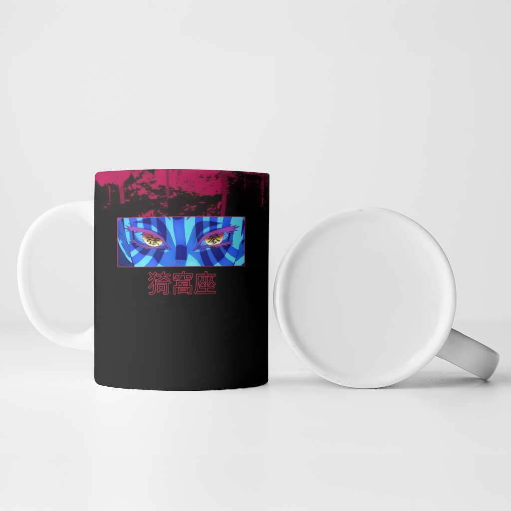 Akaza Demon Slayer Intense Eyes Design Ceramic Mug with Red and Black Grunge Aesthetic and Dynamic Pose - The Mazicc