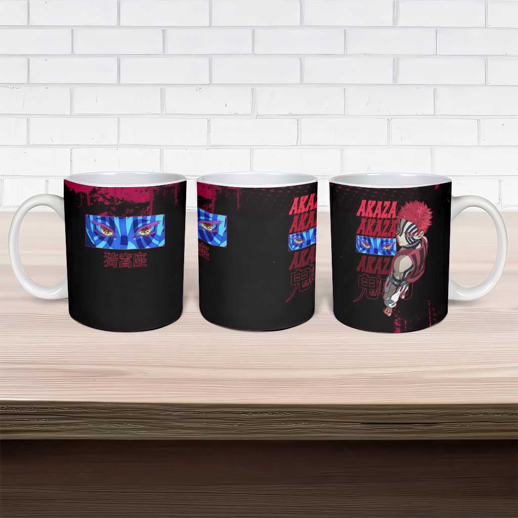 Akaza Demon Slayer Intense Eyes Design Ceramic Mug with Red and Black Grunge Aesthetic and Dynamic Pose - The Mazicc