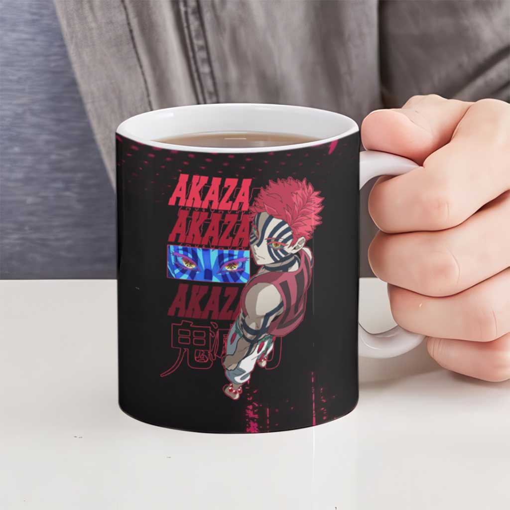 Akaza Demon Slayer Intense Eyes Design Ceramic Mug with Red and Black Grunge Aesthetic and Dynamic Pose - The Mazicc