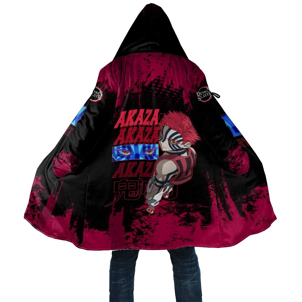 Akaza Demon Slayer Intense Eyes Design Cloak with Red and Black Grunge Aesthetic and Dynamic Pose - The Mazicc