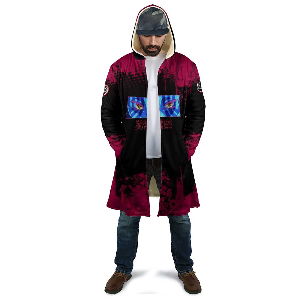 Akaza Demon Slayer Intense Eyes Design Cloak with Red and Black Grunge Aesthetic and Dynamic Pose - The Mazicc