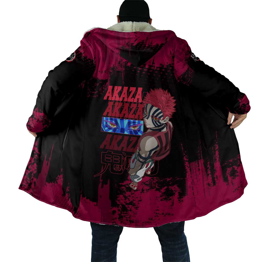 Akaza Demon Slayer Intense Eyes Design Cloak with Red and Black Grunge Aesthetic and Dynamic Pose - The Mazicc