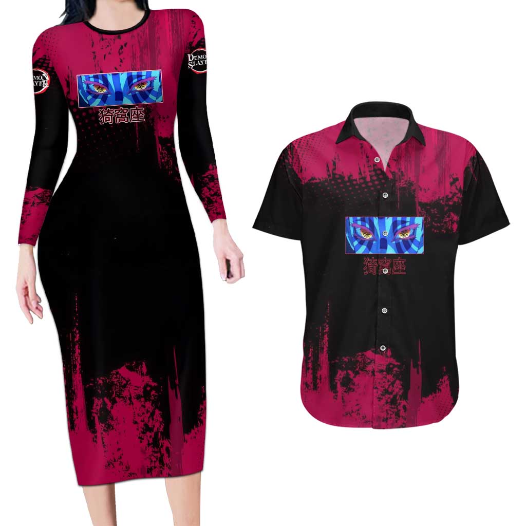 Akaza Demon Slayer Intense Eyes Design Couples Matching Long Sleeve Bodycon Dress and Hawaiian Shirt with Red and Black Grunge Aesthetic and Dynamic Pose - The Mazicc