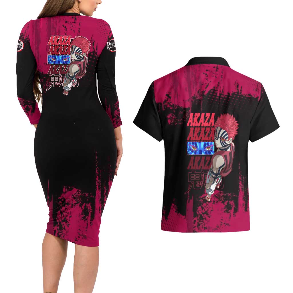 Akaza Demon Slayer Intense Eyes Design Couples Matching Long Sleeve Bodycon Dress and Hawaiian Shirt with Red and Black Grunge Aesthetic and Dynamic Pose - The Mazicc