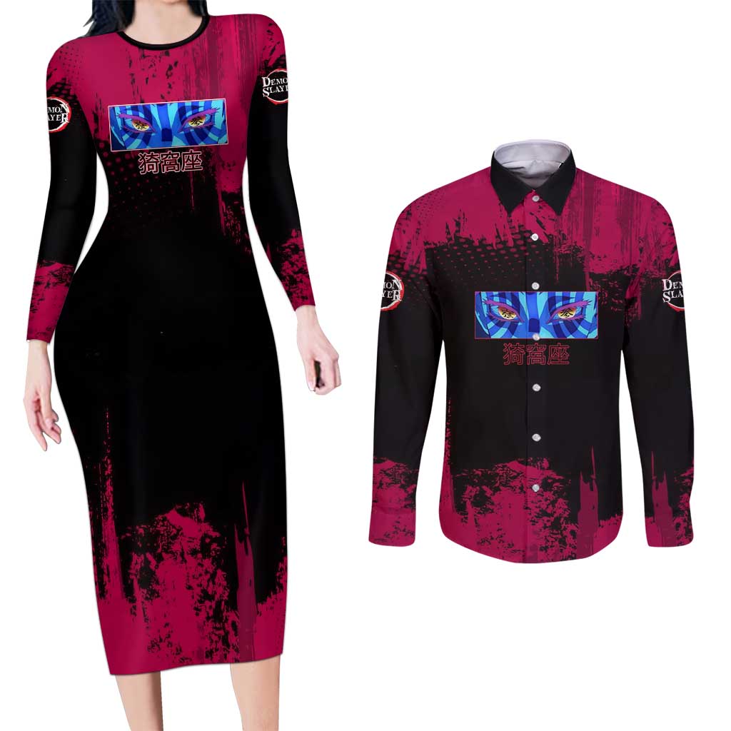 Akaza Demon Slayer Intense Eyes Design Couples Matching Long Sleeve Bodycon Dress and Long Sleeve Button Shirt with Red and Black Grunge Aesthetic and Dynamic Pose - The Mazicc