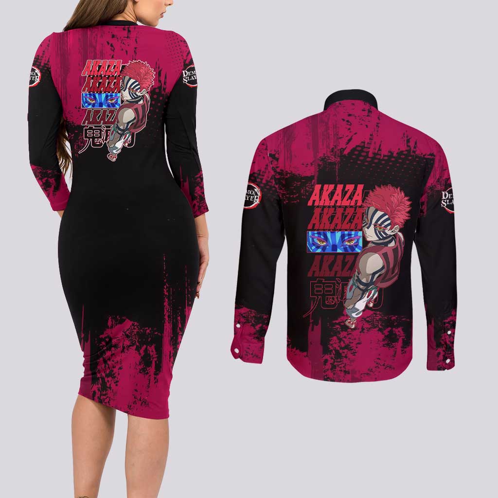 Akaza Demon Slayer Intense Eyes Design Couples Matching Long Sleeve Bodycon Dress and Long Sleeve Button Shirt with Red and Black Grunge Aesthetic and Dynamic Pose - The Mazicc