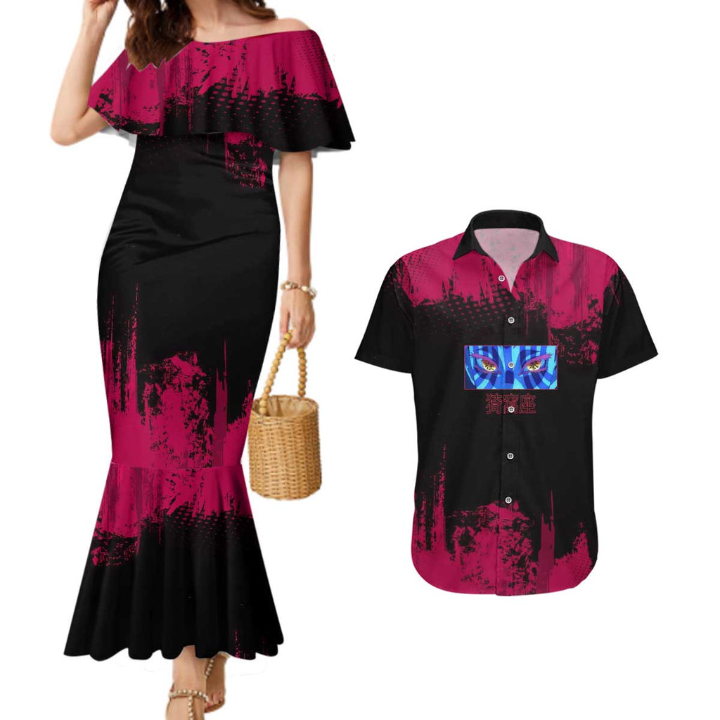 Akaza Demon Slayer Intense Eyes Design Couples Matching Mermaid Dress and Hawaiian Shirt with Red and Black Grunge Aesthetic and Dynamic Pose - The Mazicc