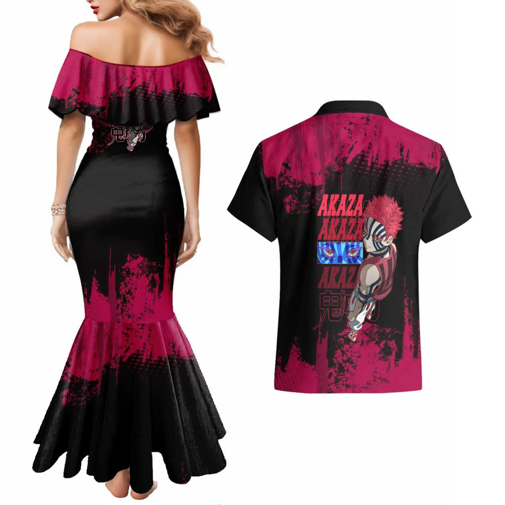 Akaza Demon Slayer Intense Eyes Design Couples Matching Mermaid Dress and Hawaiian Shirt with Red and Black Grunge Aesthetic and Dynamic Pose - The Mazicc