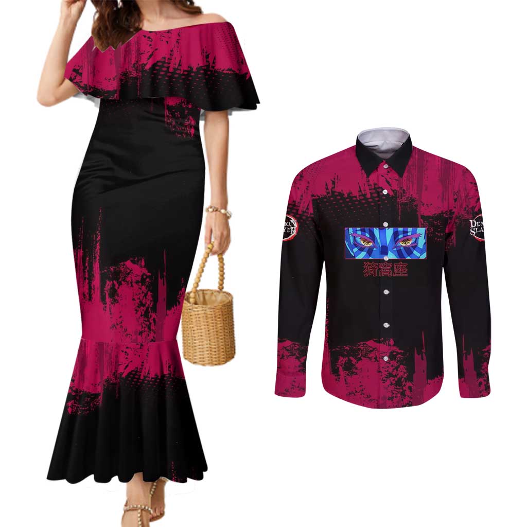 Akaza Demon Slayer Intense Eyes Design Couples Matching Mermaid Dress and Long Sleeve Button Shirt with Red and Black Grunge Aesthetic and Dynamic Pose - The Mazicc