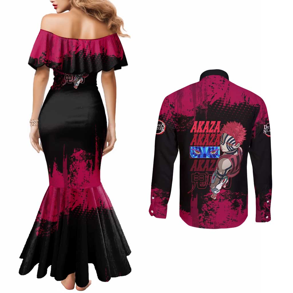 Akaza Demon Slayer Intense Eyes Design Couples Matching Mermaid Dress and Long Sleeve Button Shirt with Red and Black Grunge Aesthetic and Dynamic Pose - The Mazicc