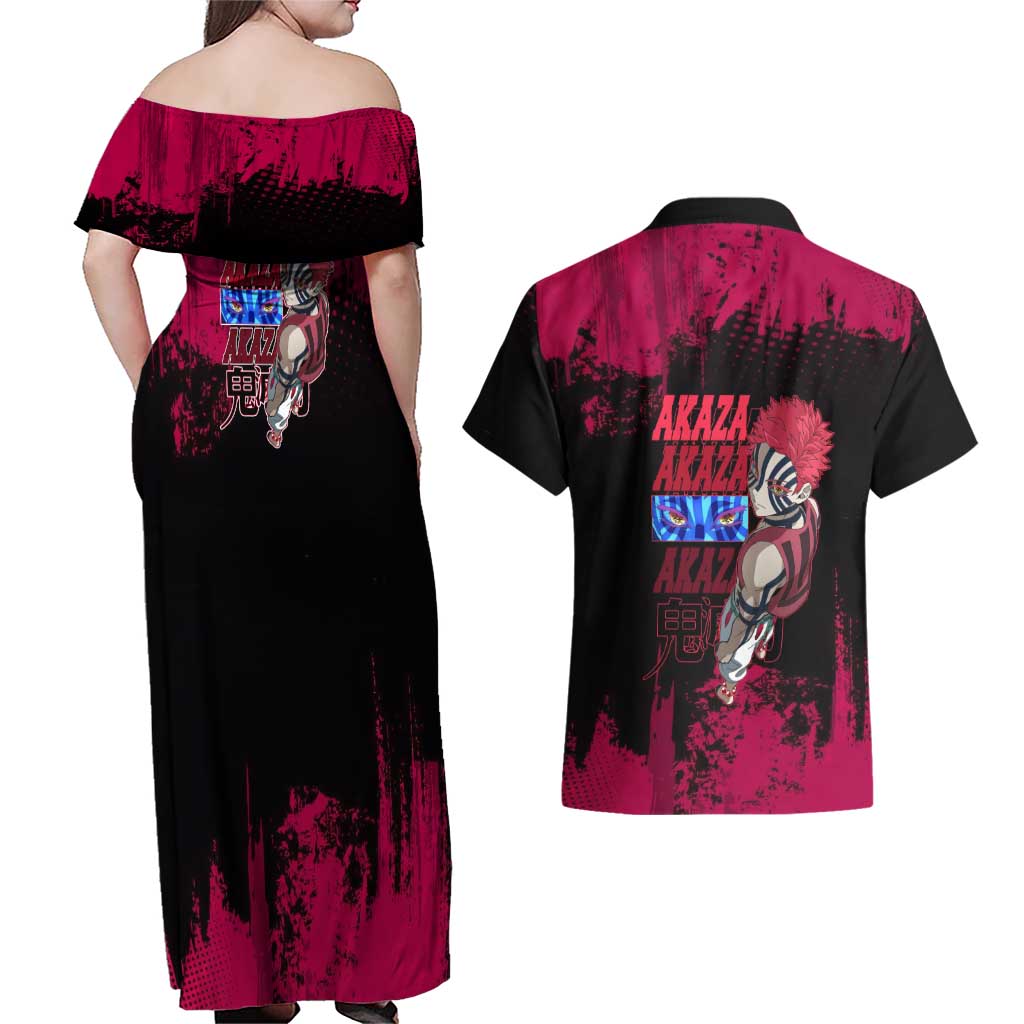 Akaza Demon Slayer Intense Eyes Design Couples Matching Off Shoulder Maxi Dress and Hawaiian Shirt with Red and Black Grunge Aesthetic and Dynamic Pose - The Mazicc