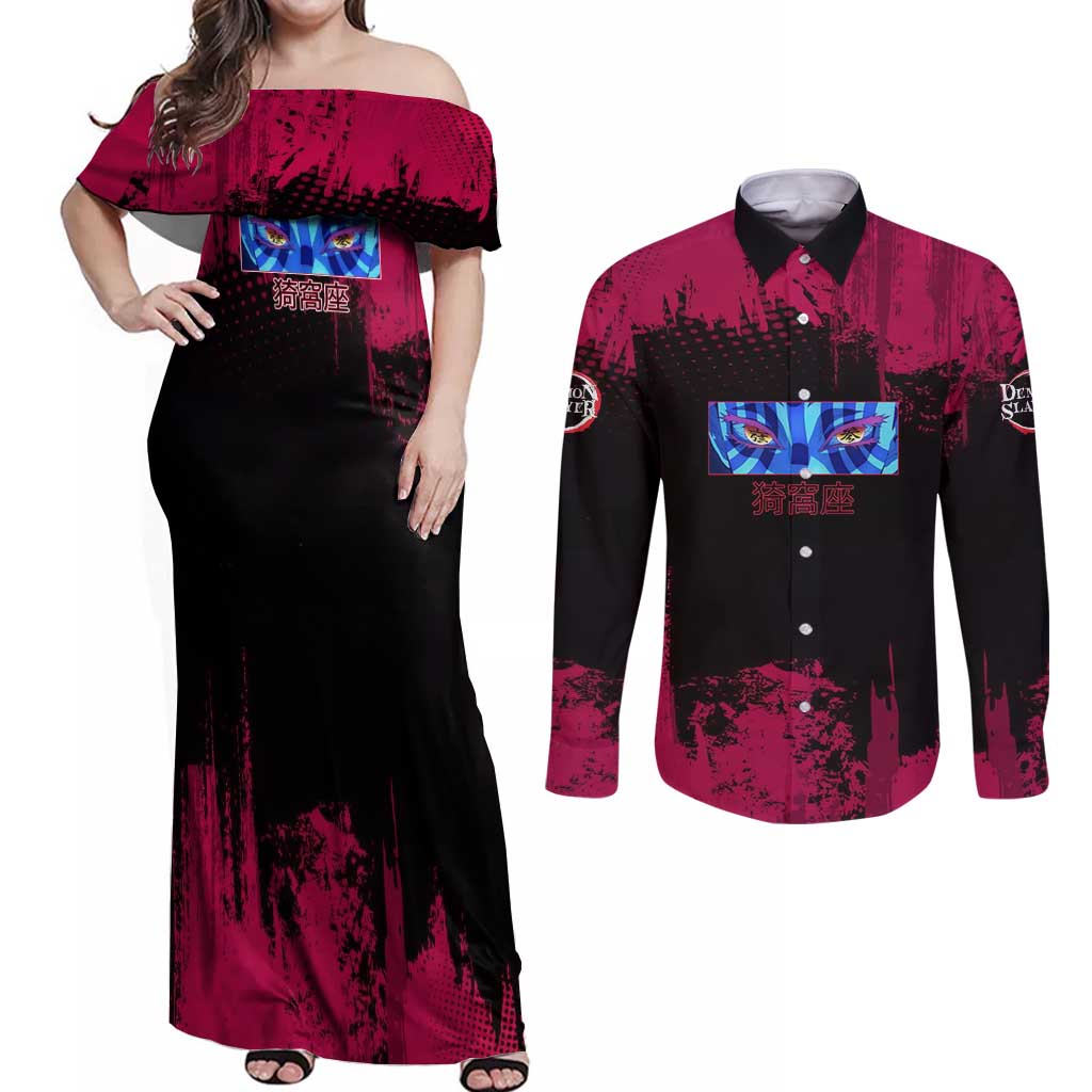 Akaza Demon Slayer Intense Eyes Design Couples Matching Off Shoulder Maxi Dress and Long Sleeve Button Shirt with Red and Black Grunge Aesthetic and Dynamic Pose - The Mazicc