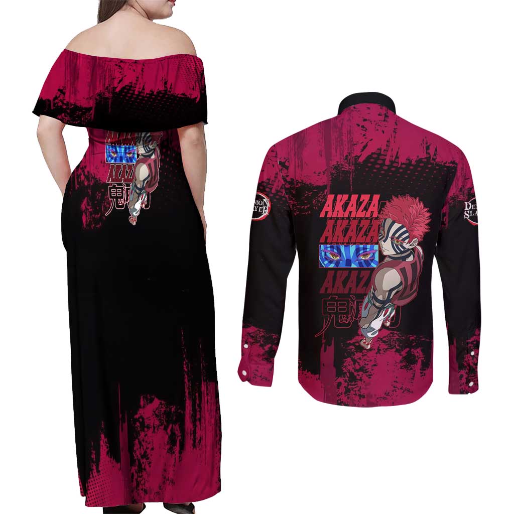 Akaza Demon Slayer Intense Eyes Design Couples Matching Off Shoulder Maxi Dress and Long Sleeve Button Shirt with Red and Black Grunge Aesthetic and Dynamic Pose - The Mazicc