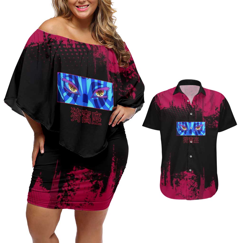 Akaza Demon Slayer Intense Eyes Design Couples Matching Off Shoulder Short Dress and Hawaiian Shirt with Red and Black Grunge Aesthetic and Dynamic Pose - The Mazicc