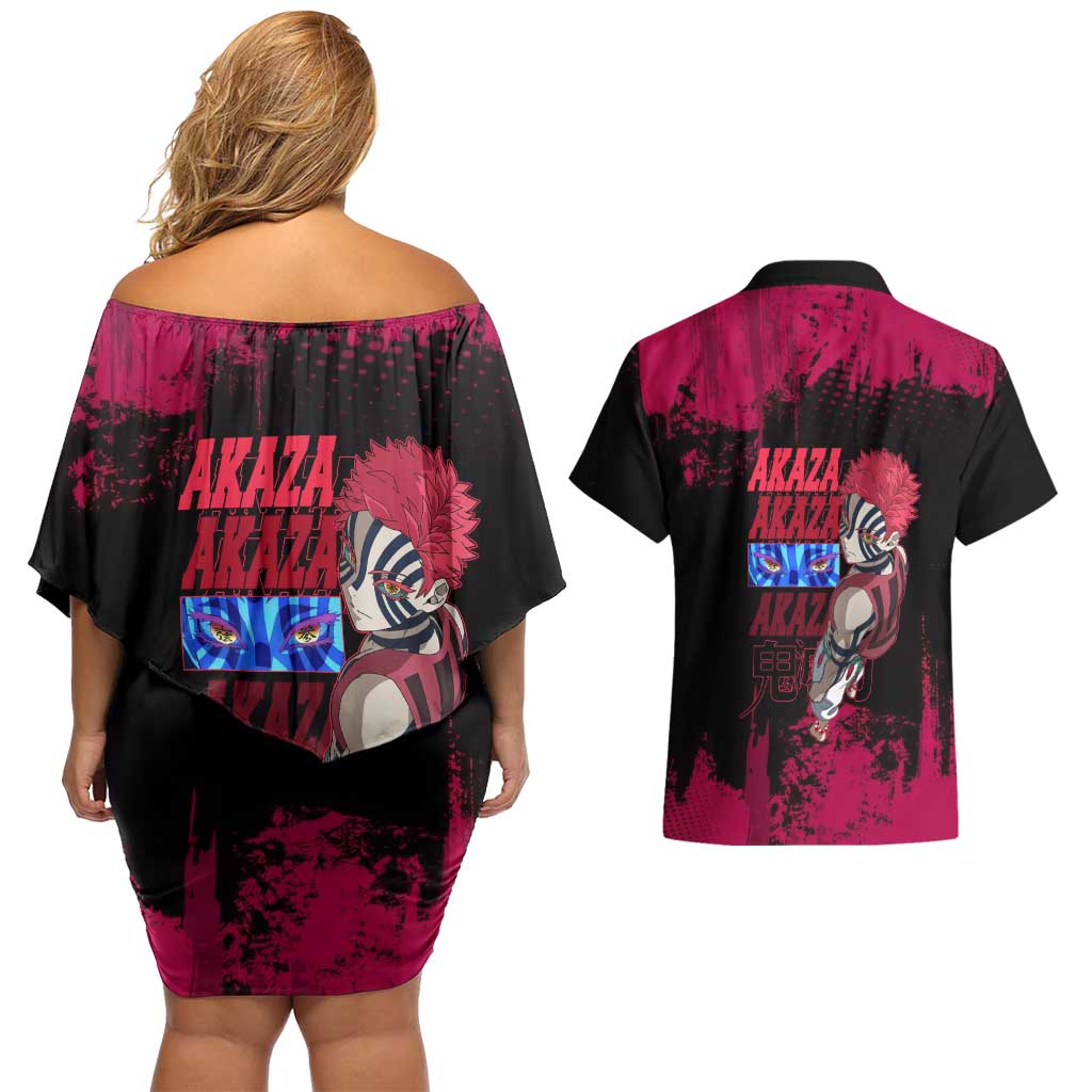 Akaza Demon Slayer Intense Eyes Design Couples Matching Off Shoulder Short Dress and Hawaiian Shirt with Red and Black Grunge Aesthetic and Dynamic Pose - The Mazicc