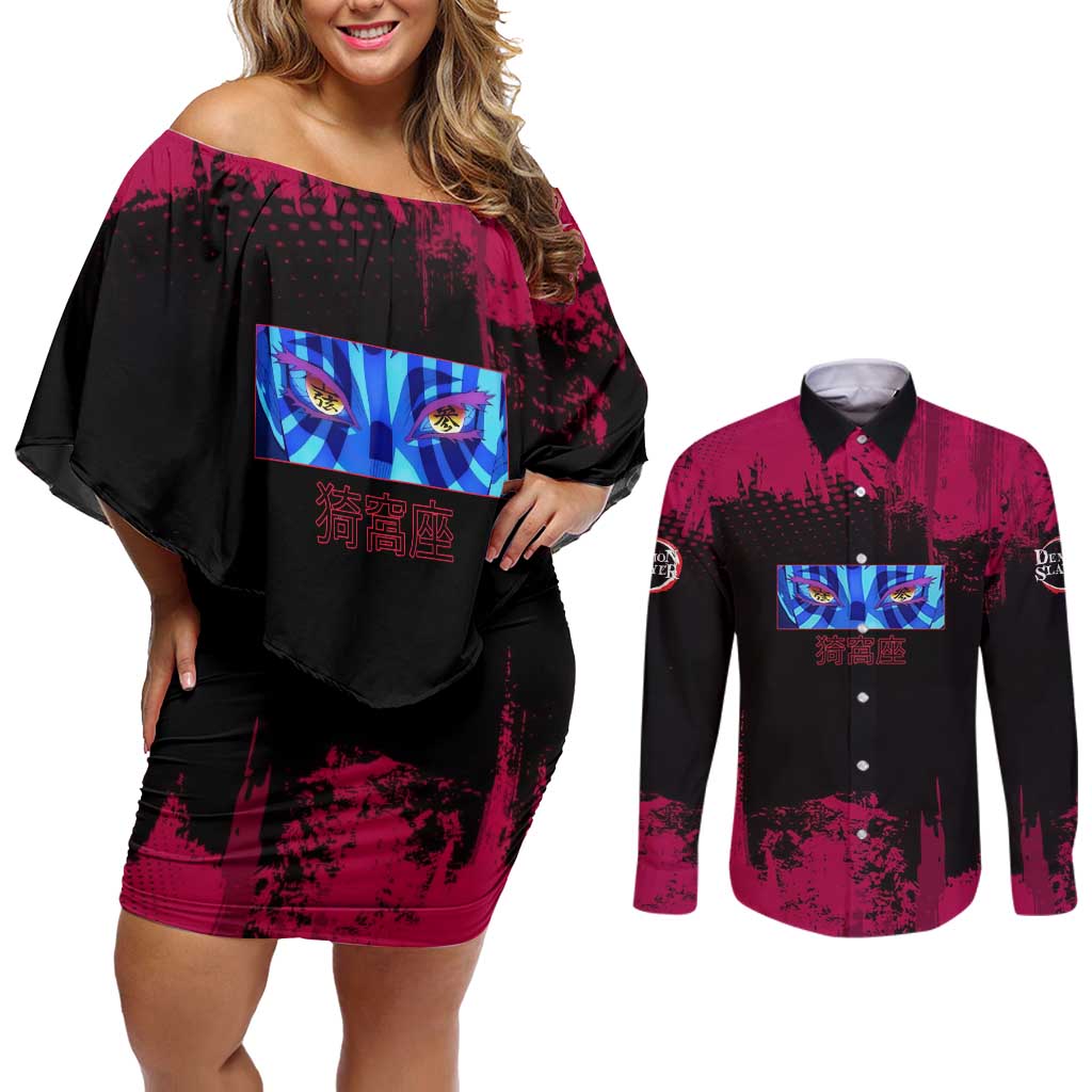 Akaza Demon Slayer Intense Eyes Design Couples Matching Off Shoulder Short Dress and Long Sleeve Button Shirt with Red and Black Grunge Aesthetic and Dynamic Pose - The Mazicc