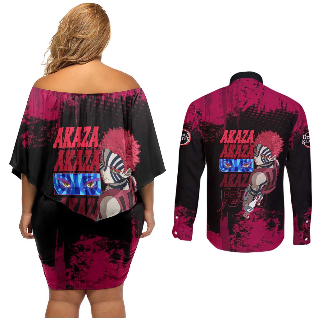 Akaza Demon Slayer Intense Eyes Design Couples Matching Off Shoulder Short Dress and Long Sleeve Button Shirt with Red and Black Grunge Aesthetic and Dynamic Pose - The Mazicc