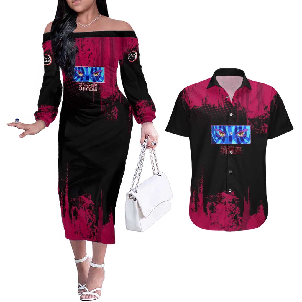 Akaza Demon Slayer Intense Eyes Design Couples Matching Off The Shoulder Long Sleeve Dress and Hawaiian Shirt with Red and Black Grunge Aesthetic and Dynamic Pose - The Mazicc