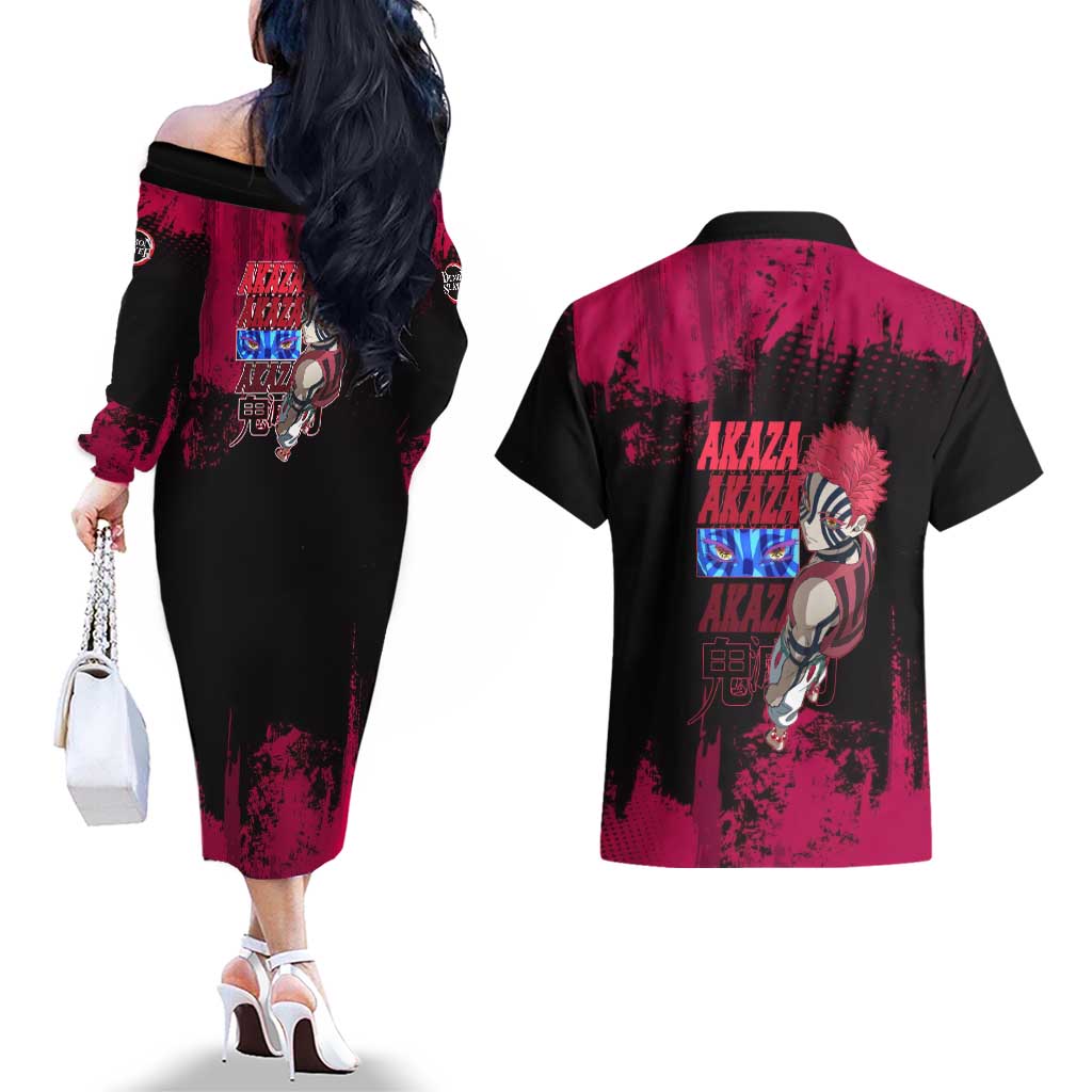 Akaza Demon Slayer Intense Eyes Design Couples Matching Off The Shoulder Long Sleeve Dress and Hawaiian Shirt with Red and Black Grunge Aesthetic and Dynamic Pose - The Mazicc