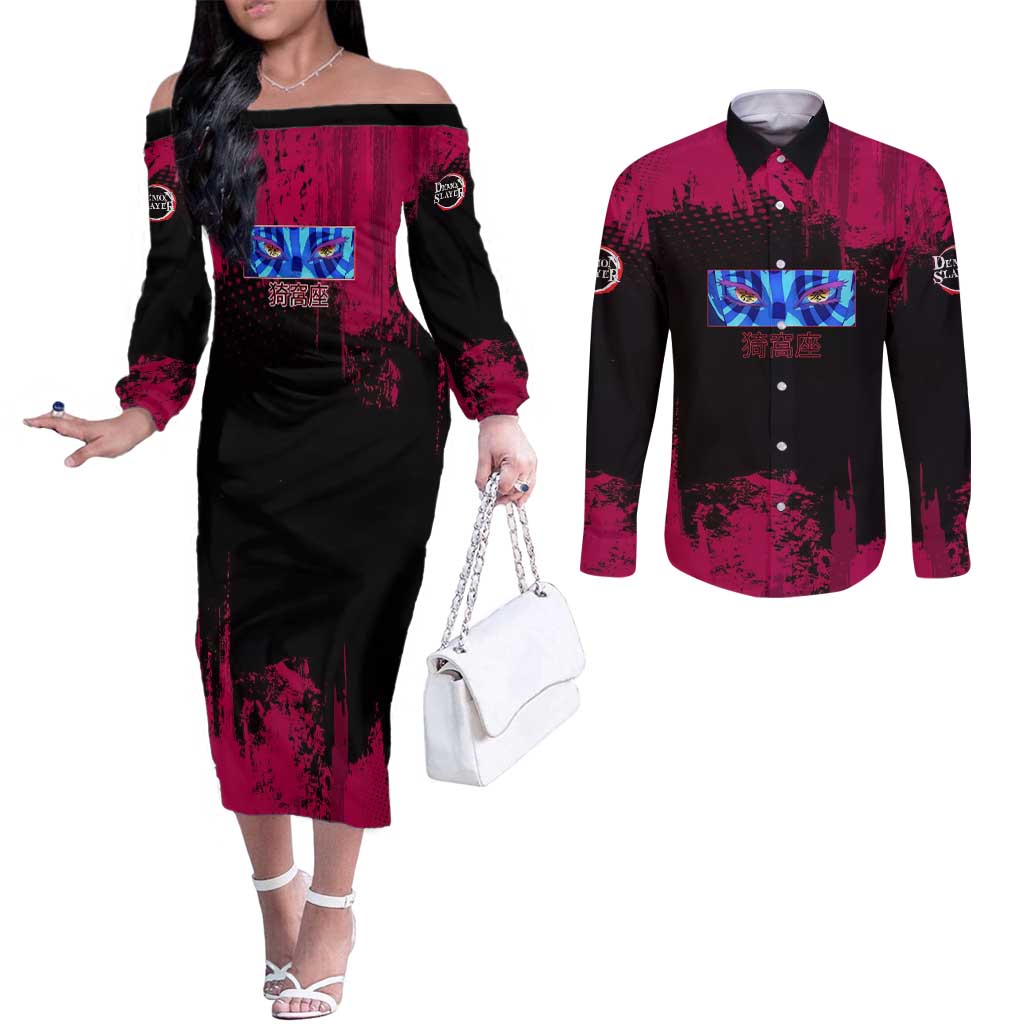Akaza Demon Slayer Intense Eyes Design Couples Matching Off The Shoulder Long Sleeve Dress and Long Sleeve Button Shirt with Red and Black Grunge Aesthetic and Dynamic Pose - The Mazicc