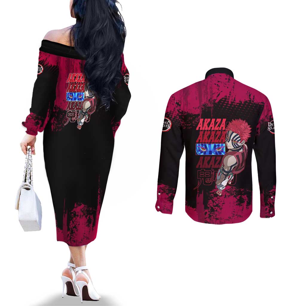 Akaza Demon Slayer Intense Eyes Design Couples Matching Off The Shoulder Long Sleeve Dress and Long Sleeve Button Shirt with Red and Black Grunge Aesthetic and Dynamic Pose - The Mazicc