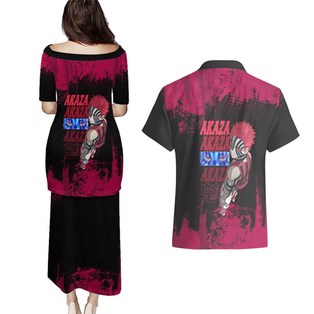 Akaza Demon Slayer Intense Eyes Design Couples Matching Puletasi and Hawaiian Shirt with Red and Black Grunge Aesthetic and Dynamic Pose - The Mazicc
