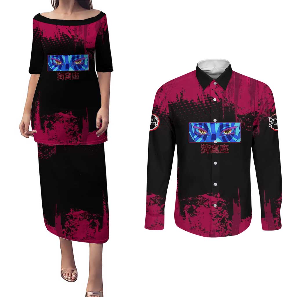 Akaza Demon Slayer Intense Eyes Design Couples Matching Puletasi and Long Sleeve Button Shirt with Red and Black Grunge Aesthetic and Dynamic Pose - The Mazicc