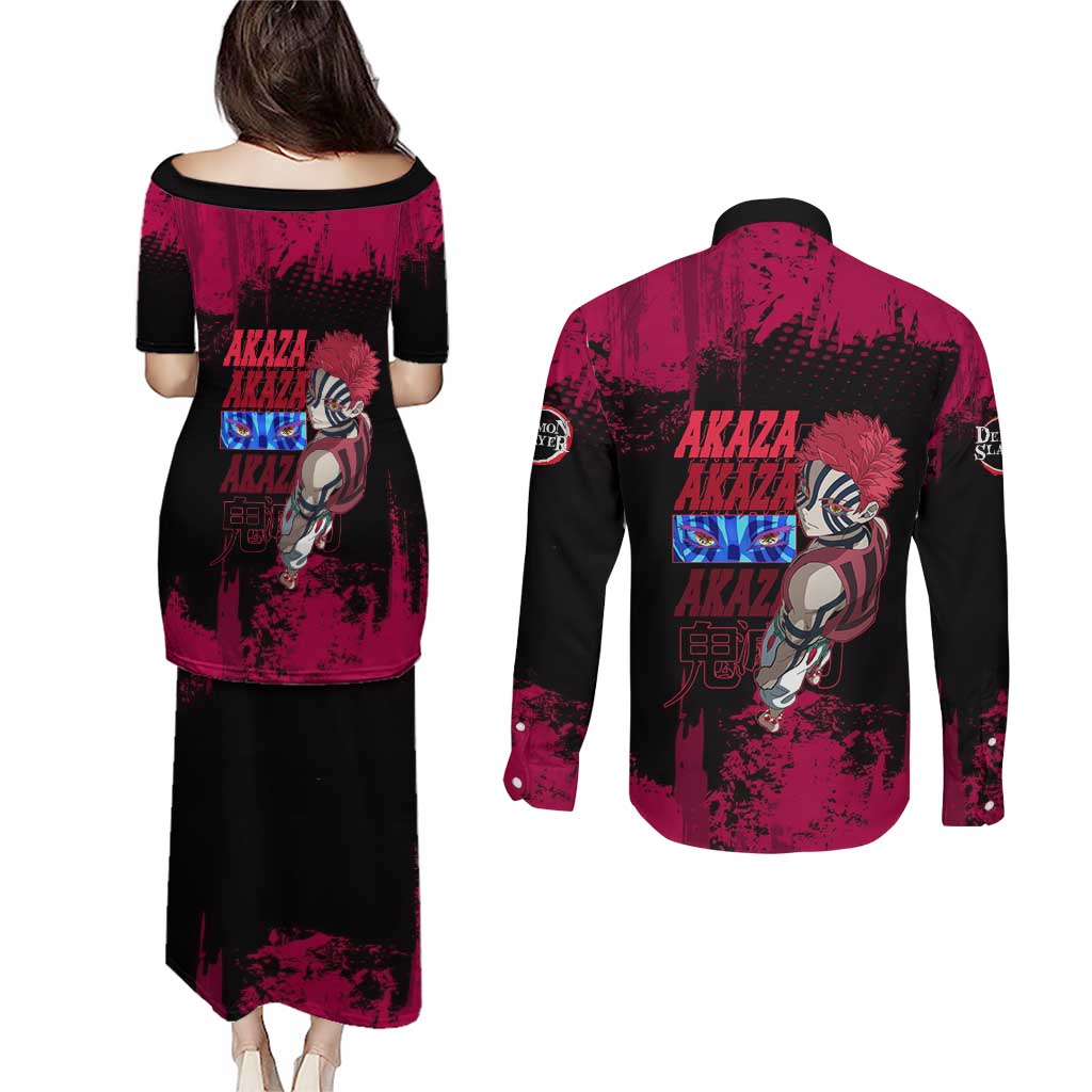 Akaza Demon Slayer Intense Eyes Design Couples Matching Puletasi and Long Sleeve Button Shirt with Red and Black Grunge Aesthetic and Dynamic Pose - The Mazicc