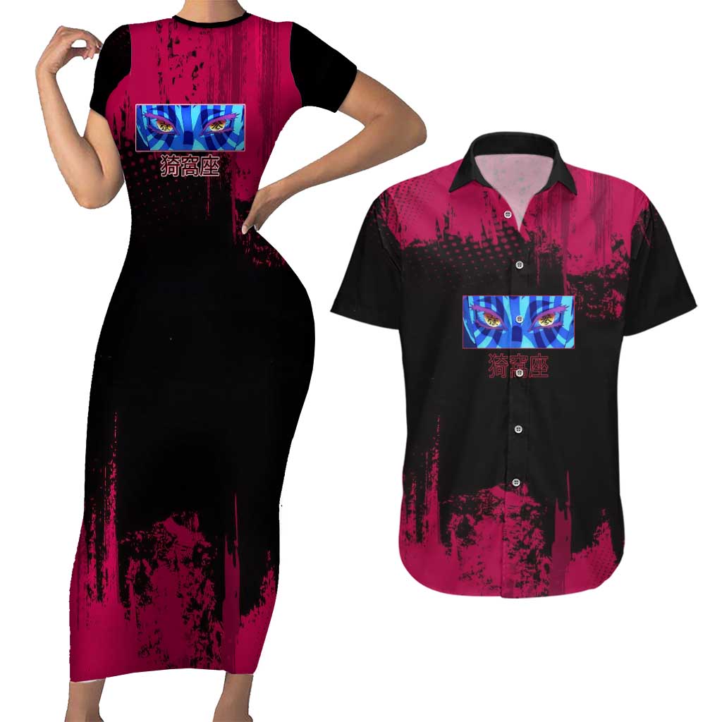 Akaza Demon Slayer Intense Eyes Design Couples Matching Short Sleeve Bodycon Dress and Hawaiian Shirt with Red and Black Grunge Aesthetic and Dynamic Pose - The Mazicc