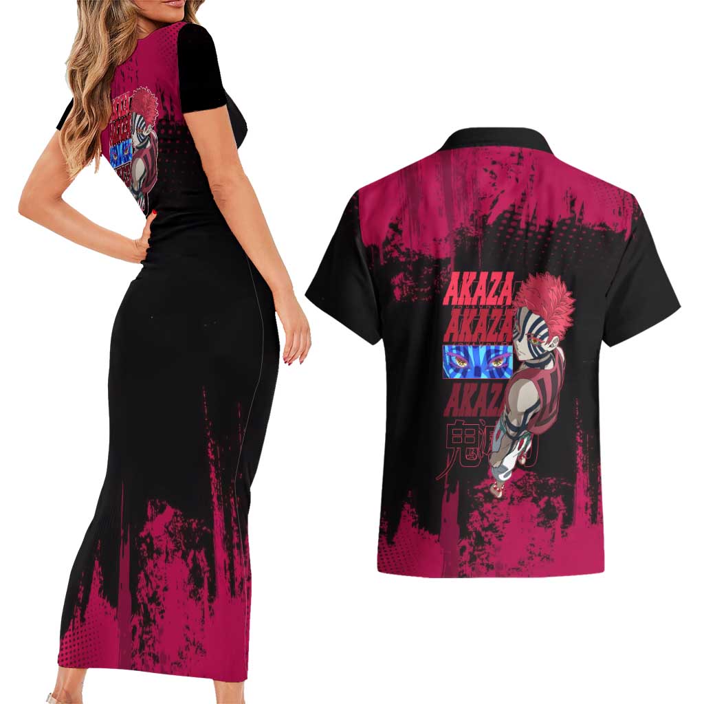 Akaza Demon Slayer Intense Eyes Design Couples Matching Short Sleeve Bodycon Dress and Hawaiian Shirt with Red and Black Grunge Aesthetic and Dynamic Pose - The Mazicc