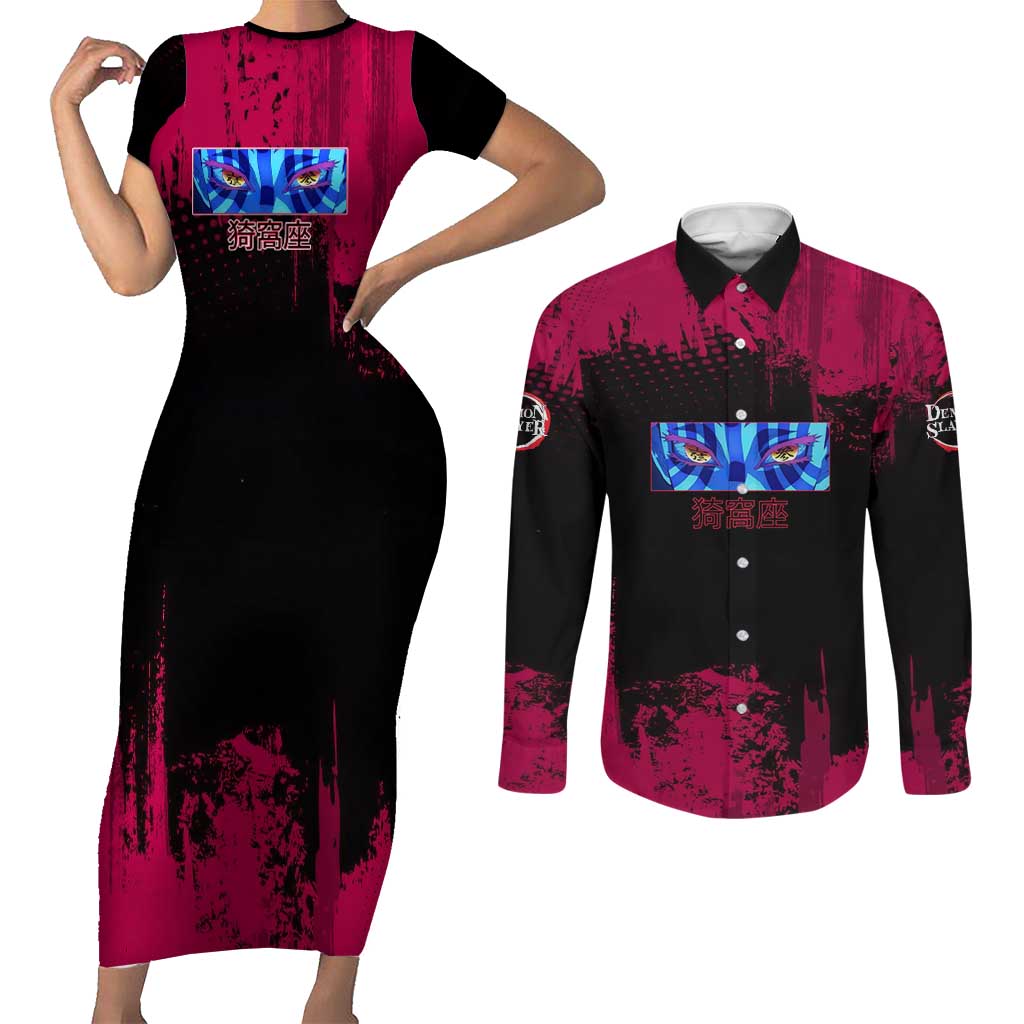 Akaza Demon Slayer Intense Eyes Design Couples Matching Short Sleeve Bodycon Dress and Long Sleeve Button Shirt with Red and Black Grunge Aesthetic and Dynamic Pose - The Mazicc