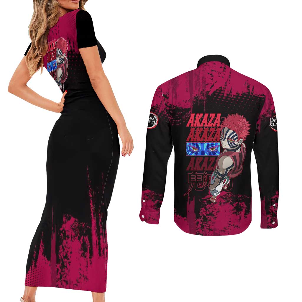Akaza Demon Slayer Intense Eyes Design Couples Matching Short Sleeve Bodycon Dress and Long Sleeve Button Shirt with Red and Black Grunge Aesthetic and Dynamic Pose - The Mazicc