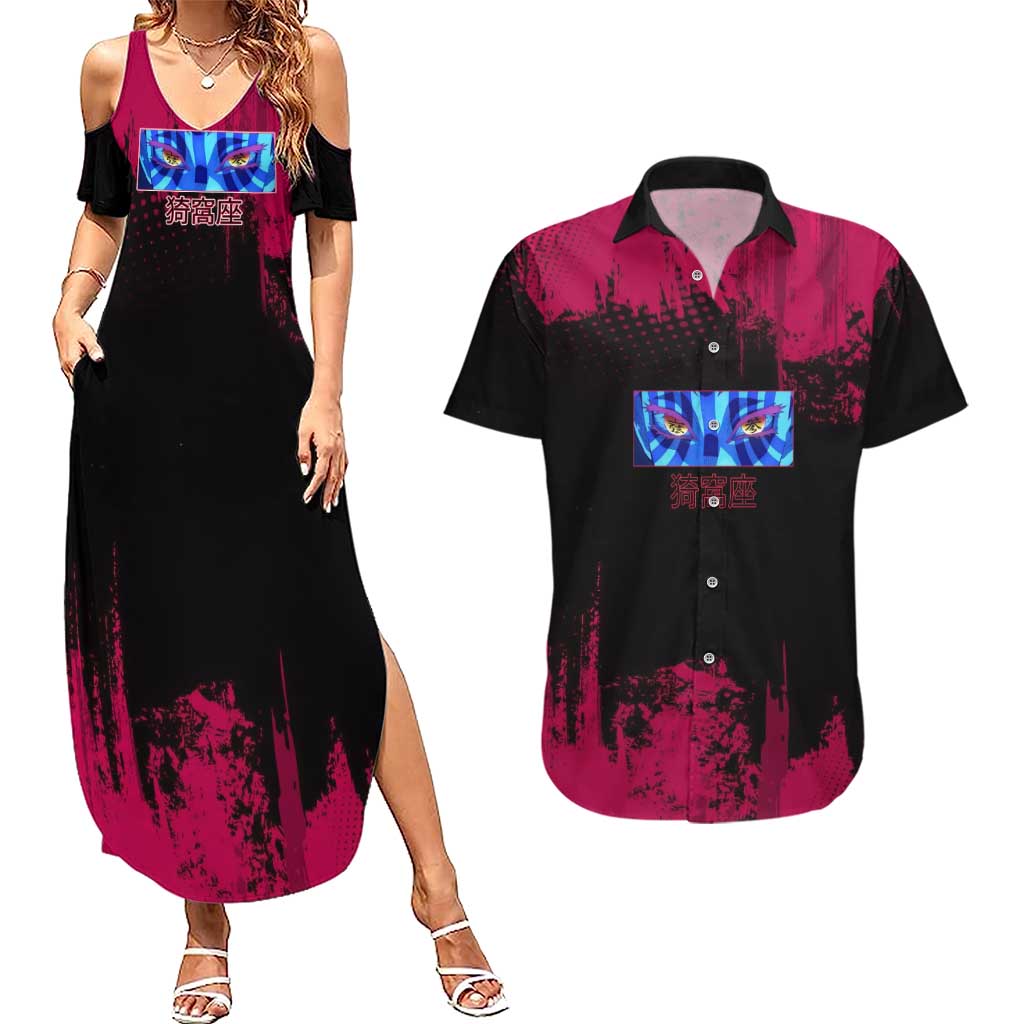 Akaza Demon Slayer Intense Eyes Design Couples Matching Summer Maxi Dress and Hawaiian Shirt with Red and Black Grunge Aesthetic and Dynamic Pose - The Mazicc