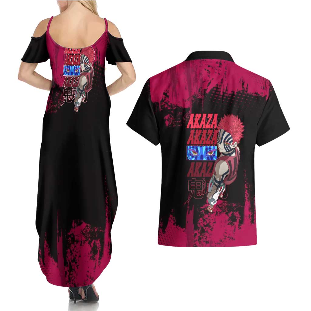 Akaza Demon Slayer Intense Eyes Design Couples Matching Summer Maxi Dress and Hawaiian Shirt with Red and Black Grunge Aesthetic and Dynamic Pose - The Mazicc