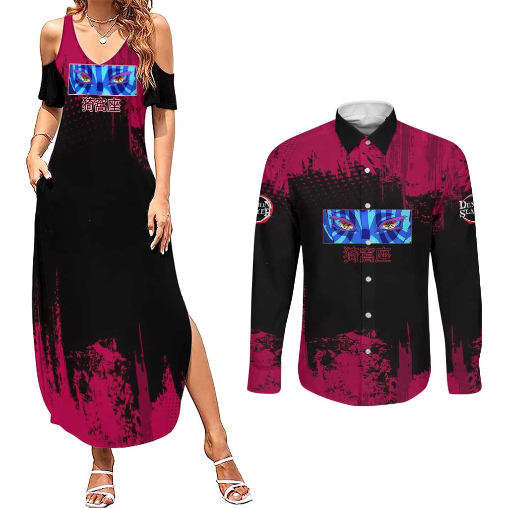 Akaza Demon Slayer Intense Eyes Design Couples Matching Summer Maxi Dress and Long Sleeve Button Shirt with Red and Black Grunge Aesthetic and Dynamic Pose - The Mazicc