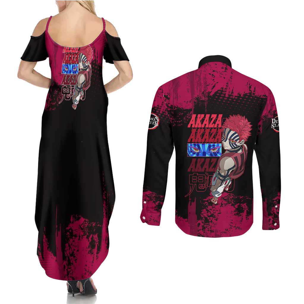 Akaza Demon Slayer Intense Eyes Design Couples Matching Summer Maxi Dress and Long Sleeve Button Shirt with Red and Black Grunge Aesthetic and Dynamic Pose - The Mazicc