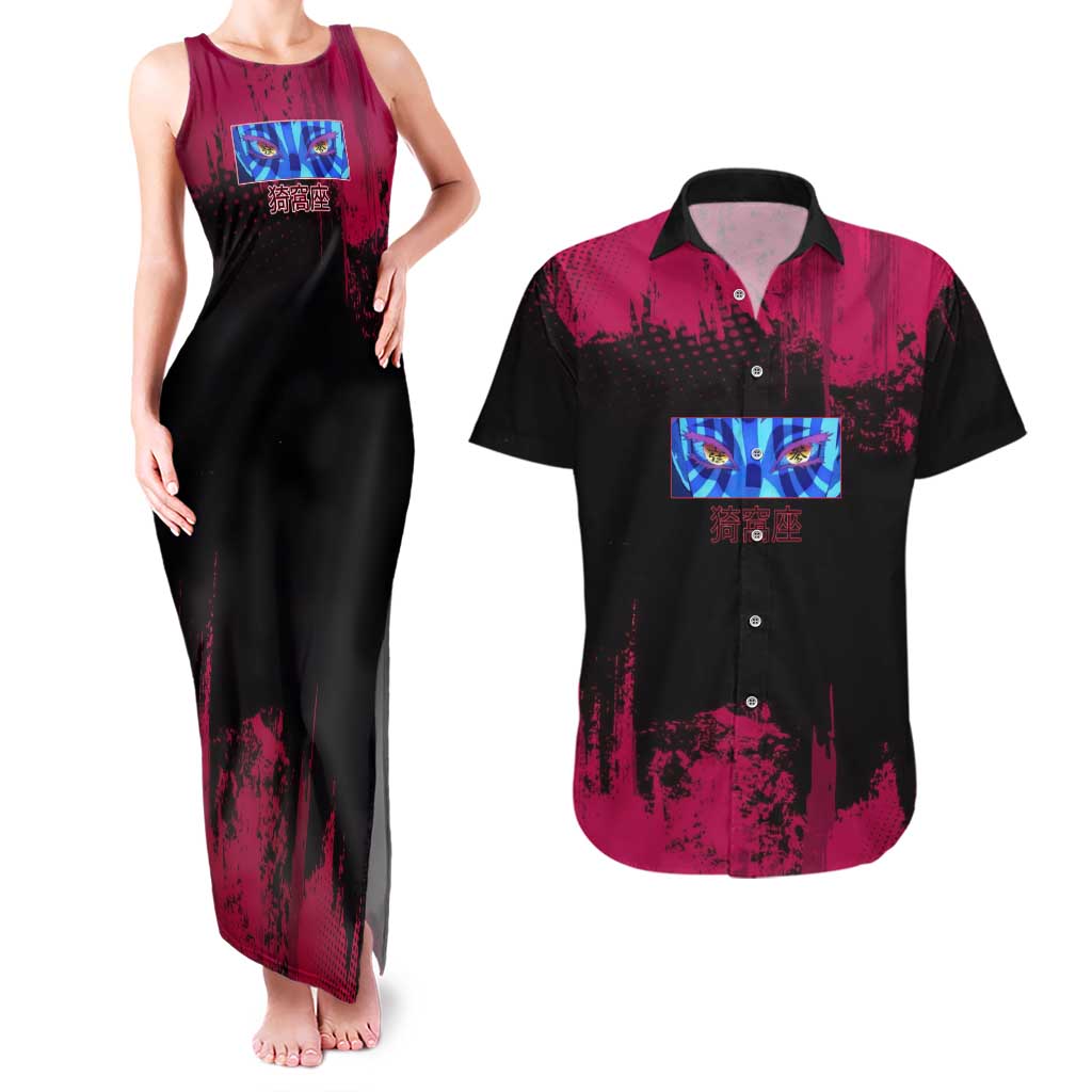 Akaza Demon Slayer Intense Eyes Design Couples Matching Tank Maxi Dress and Hawaiian Shirt with Red and Black Grunge Aesthetic and Dynamic Pose - The Mazicc