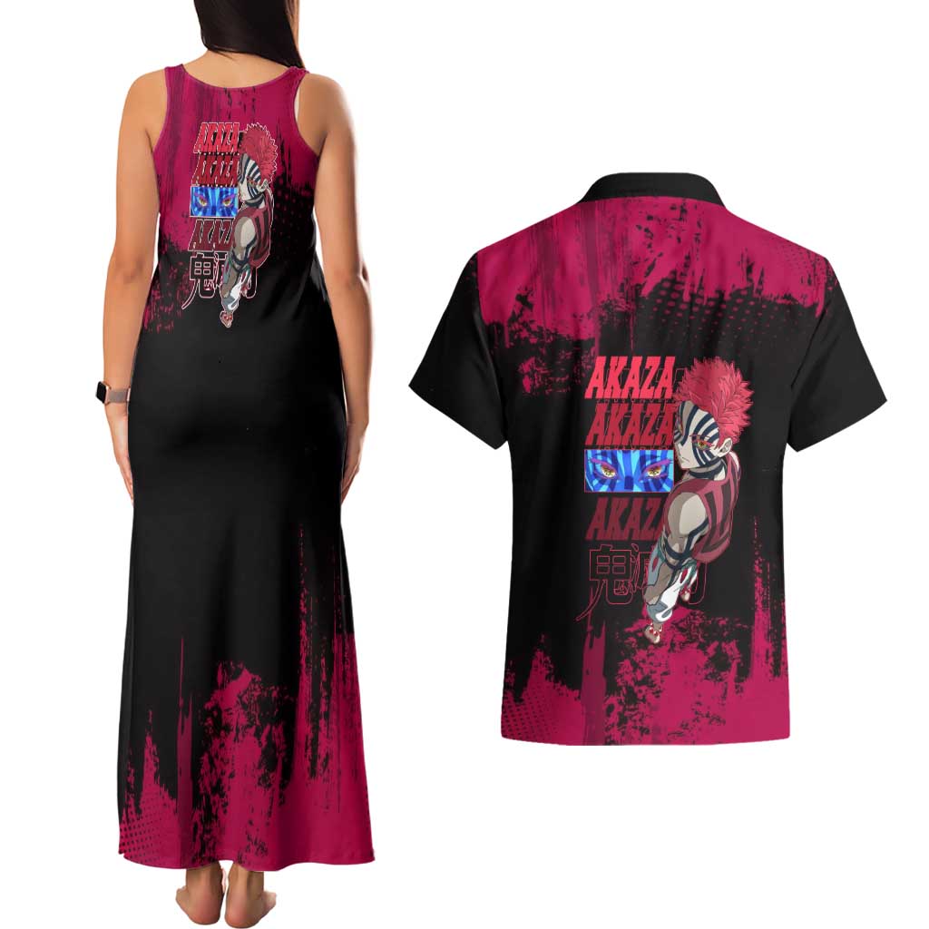 Akaza Demon Slayer Intense Eyes Design Couples Matching Tank Maxi Dress and Hawaiian Shirt with Red and Black Grunge Aesthetic and Dynamic Pose - The Mazicc