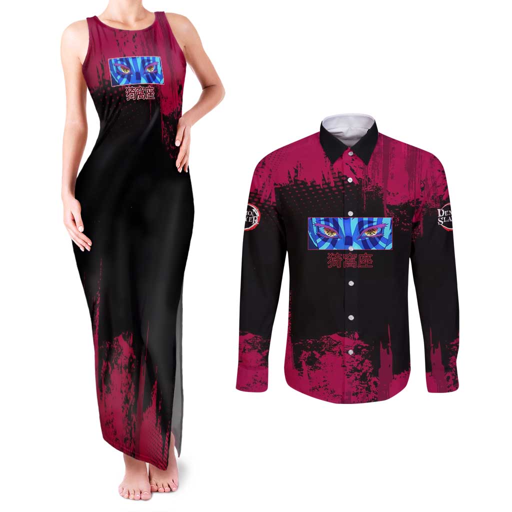 Akaza Demon Slayer Intense Eyes Design Couples Matching Tank Maxi Dress and Long Sleeve Button Shirt with Red and Black Grunge Aesthetic and Dynamic Pose - The Mazicc