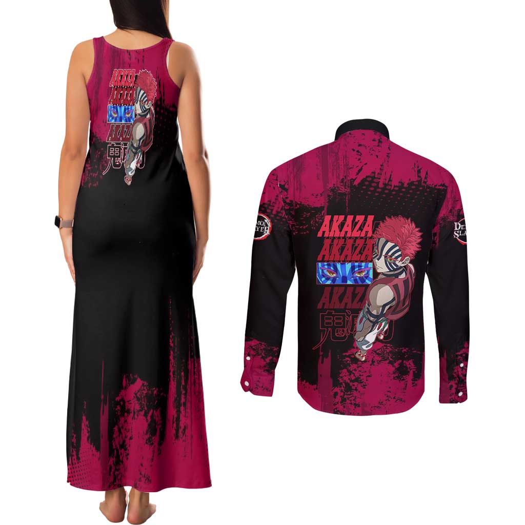 Akaza Demon Slayer Intense Eyes Design Couples Matching Tank Maxi Dress and Long Sleeve Button Shirt with Red and Black Grunge Aesthetic and Dynamic Pose - The Mazicc